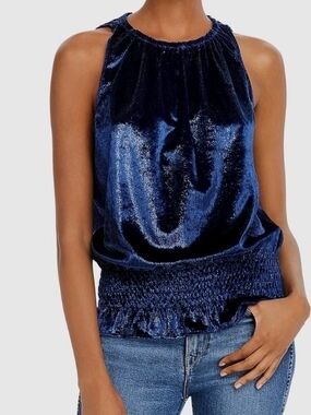 Ramy Brook Navy Shimmer Smocked Hem Sleeveless Top - Size Medium